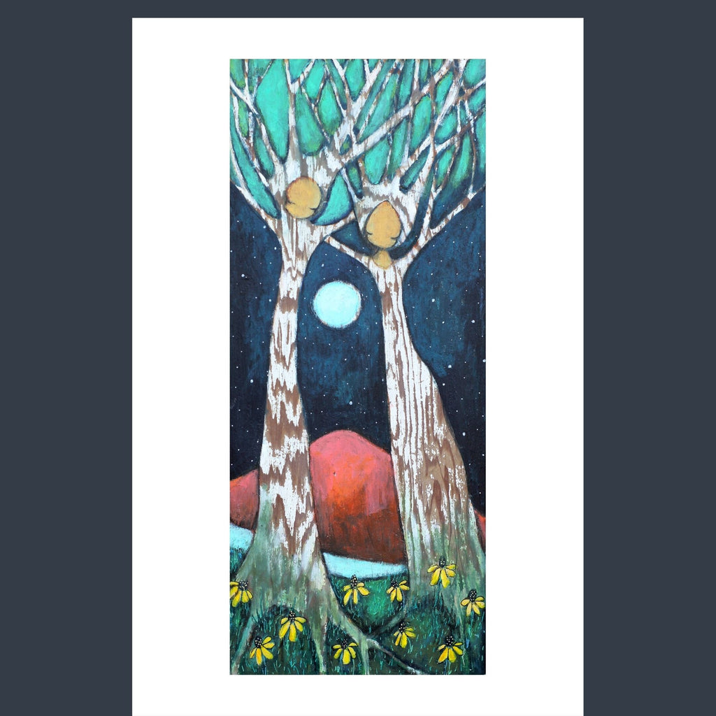 Two Trees Art Print, Moon and Stars, Gallery Quality