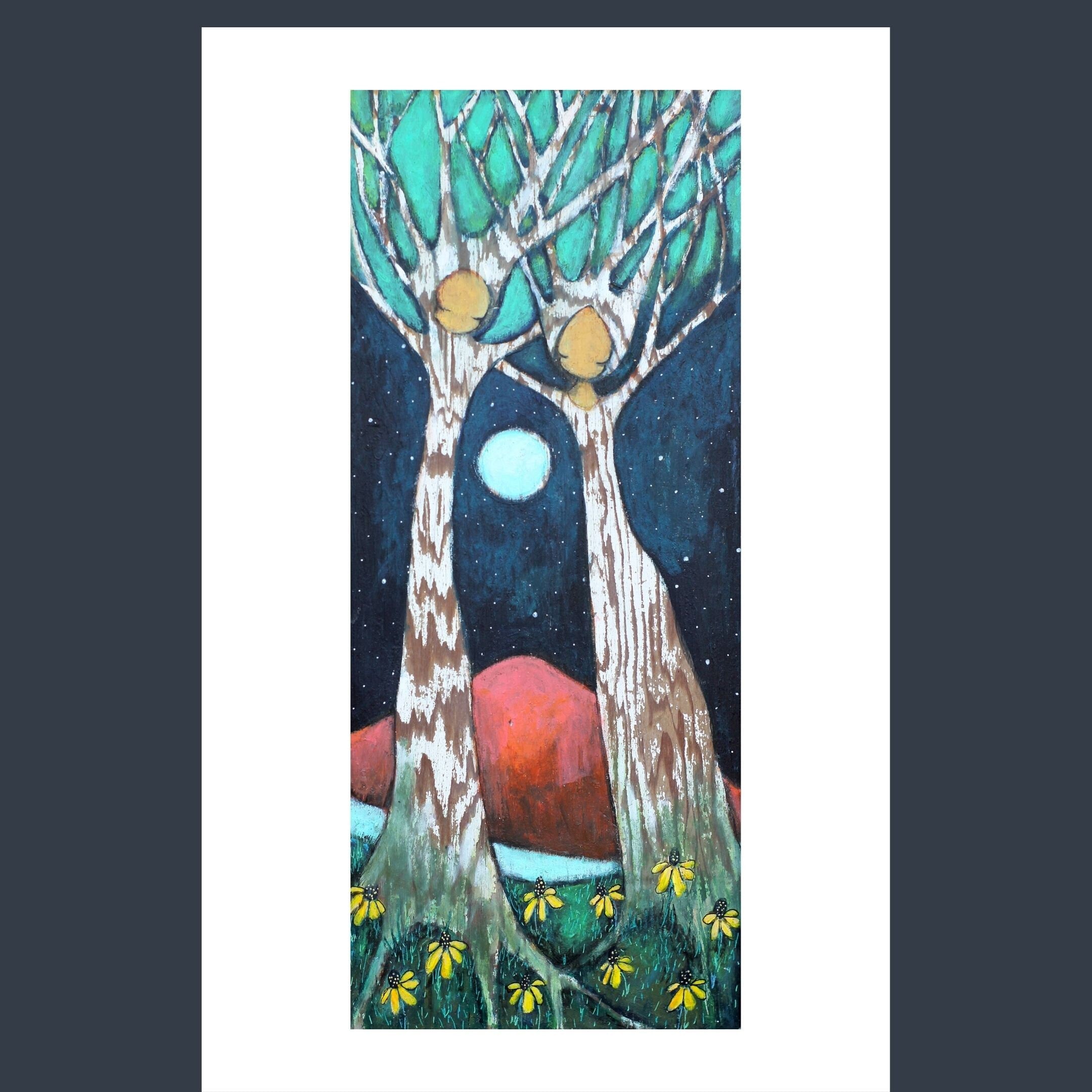 Two Trees Art Print, Moon and Stars, Gallery Quality