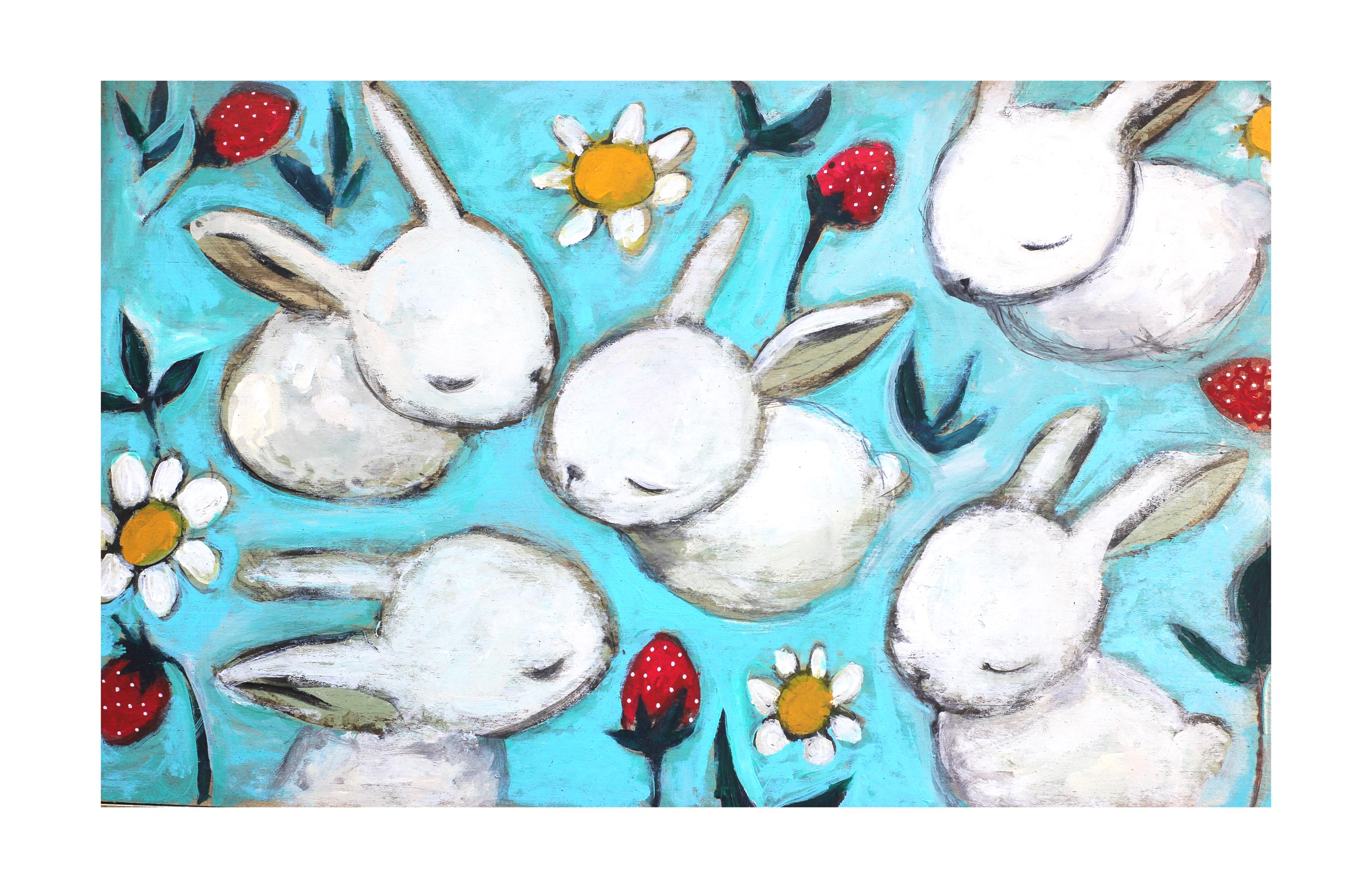 Berry Cute Bunnies |Bunny and Strawberries art Print | Deona Fish