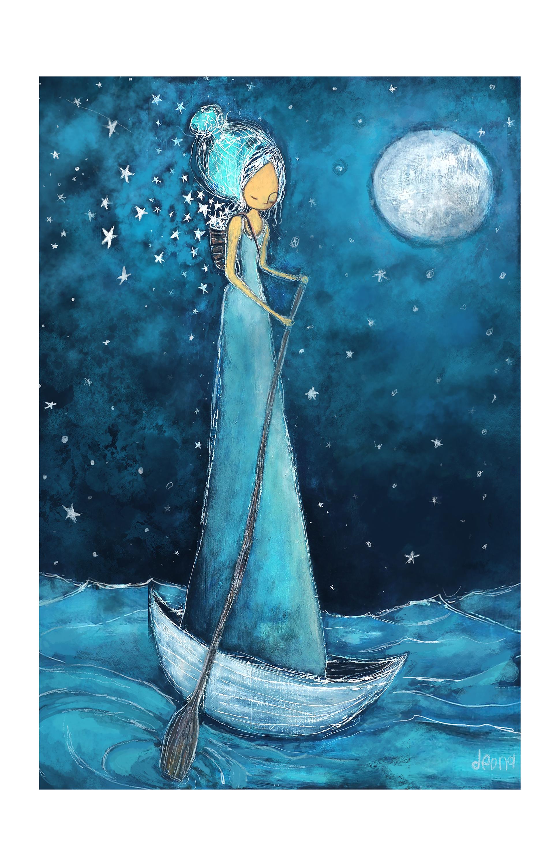Returning | Whimsical Moon Boat Art Print, Fairy Tale Girl on the Sea, Fantasy Wall Decor | Deona Fish |Sleepy Little Dreams