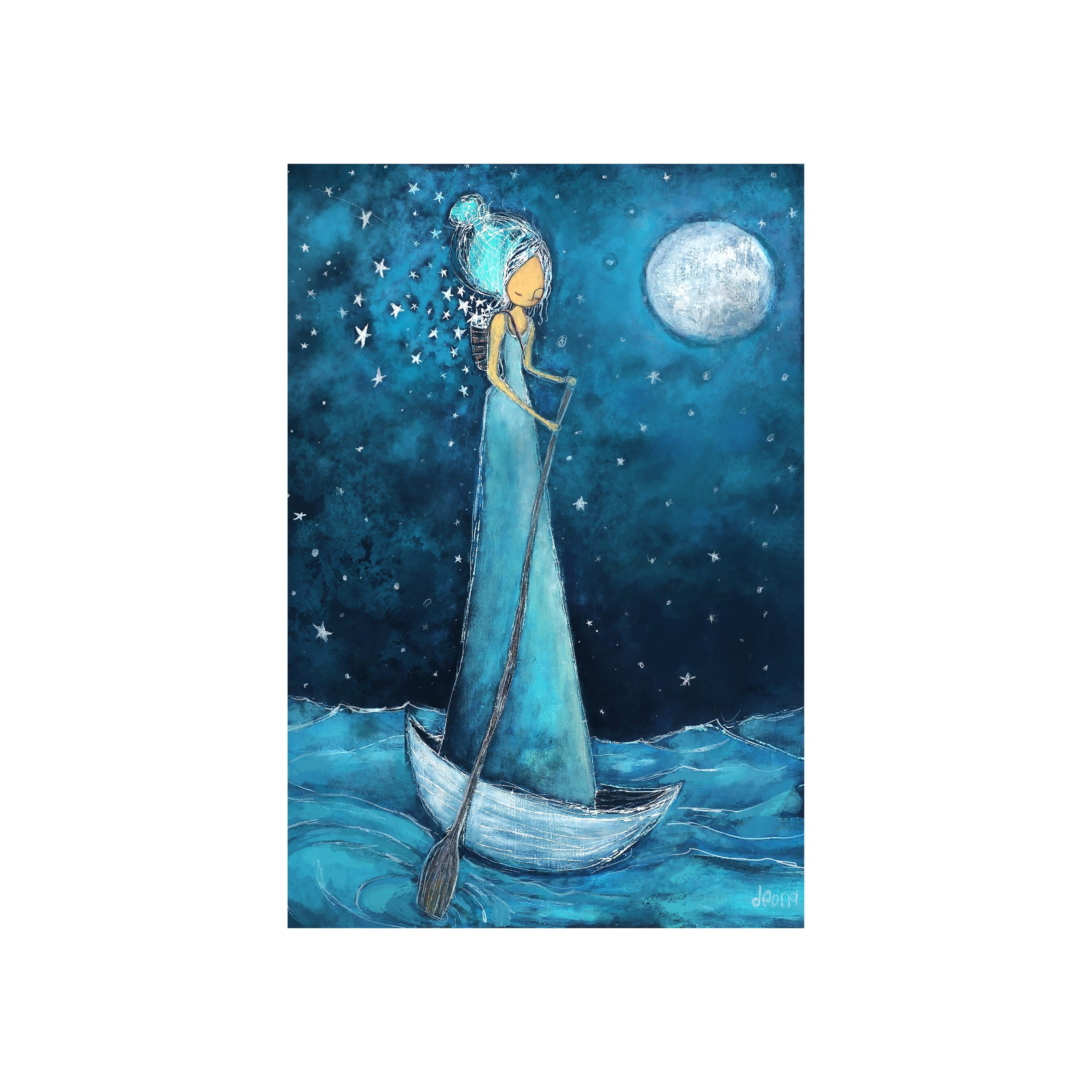 Returning | Whimsical Moon Boat Art Print, Fairy Tale Girl on the Sea, Fantasy Wall Decor | Deona Fish |Sleepy Little Dreams