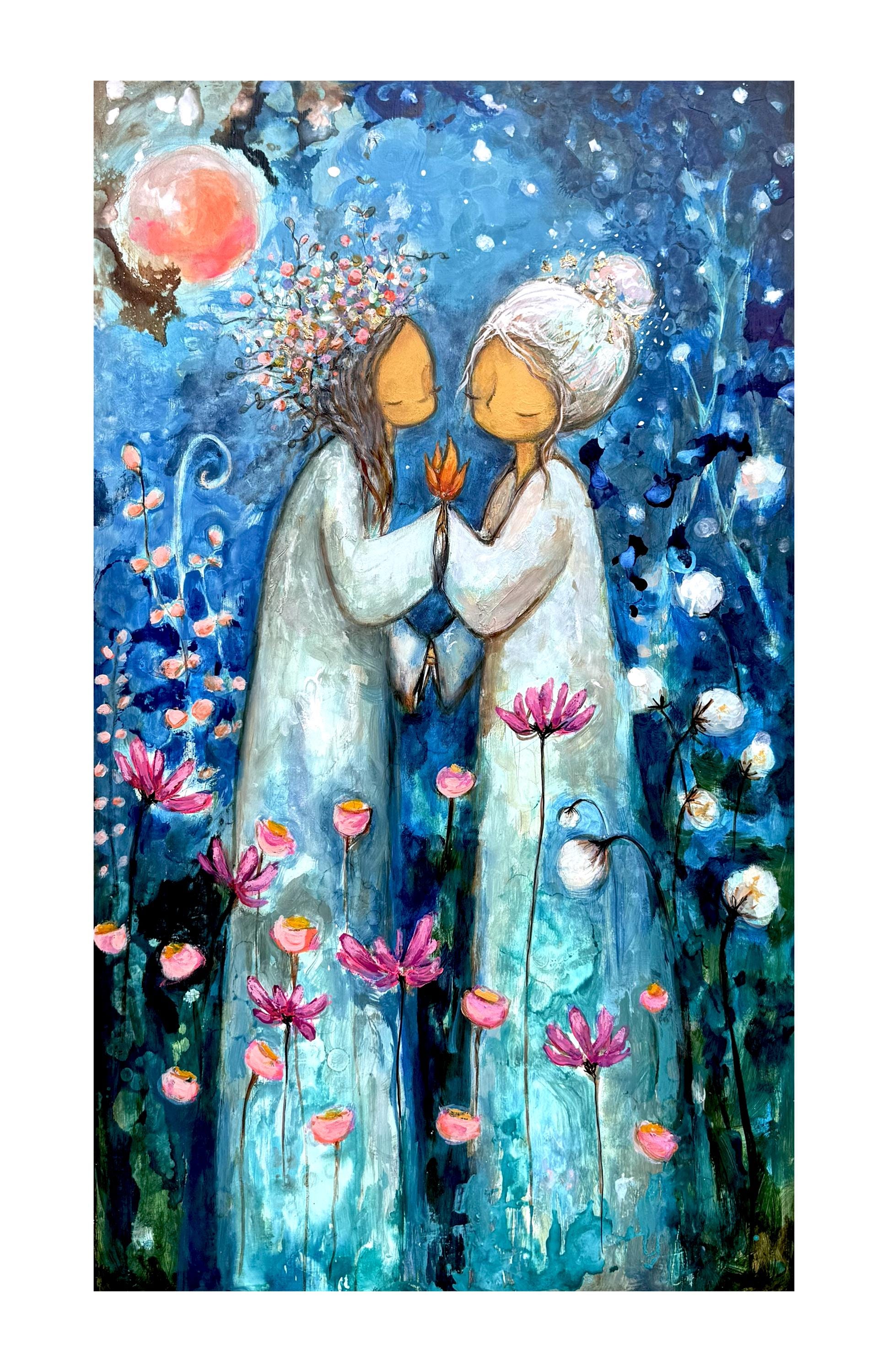 Friendship Art Print | Ethereal Figures, Moon, Wildflowers, Cottagecore Decor