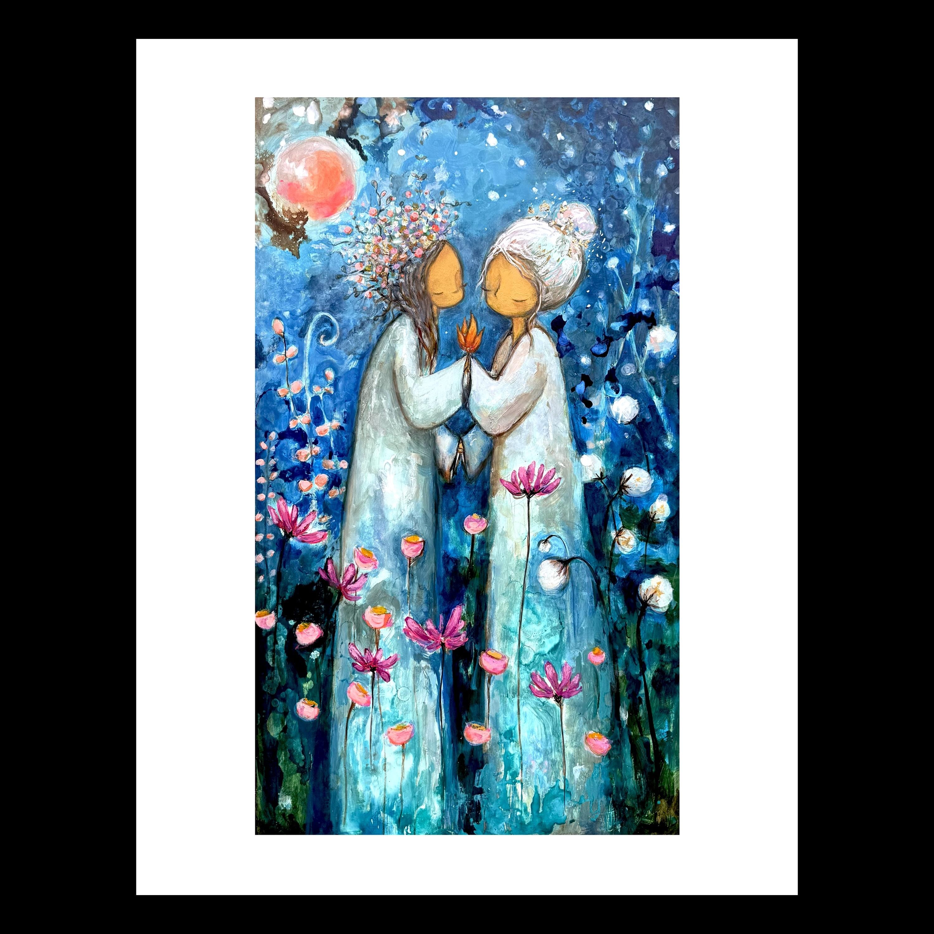 Friendship Art Print | Ethereal Figures, Moon, Wildflowers, Cottagecore Decor