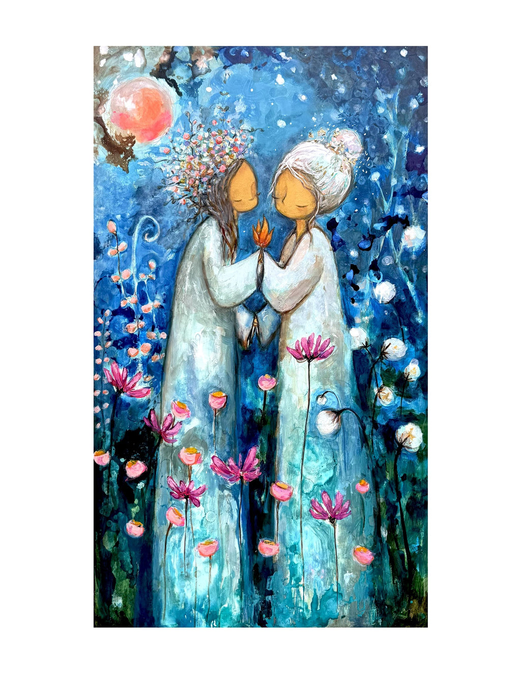 Friendship Art Print | Ethereal Figures, Moon, Wildflowers, Cottagecore Decor