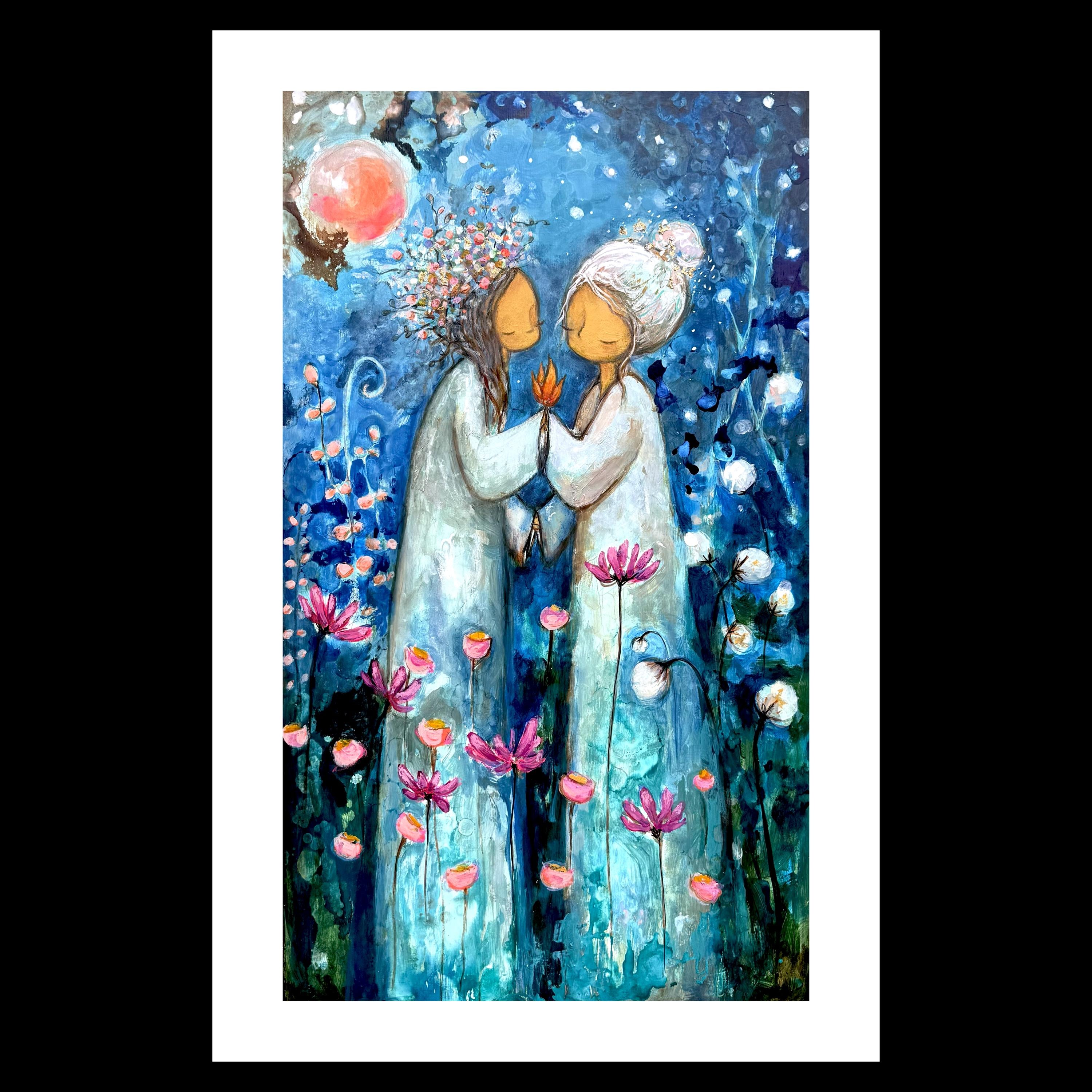 Friendship Art Print | Ethereal Figures, Moon, Wildflowers, Cottagecore Decor